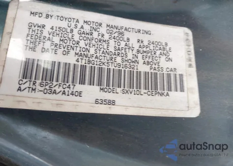 1996 Toyota Camry Dx/Le/Xle z USA, uszkodzony, nr VIN 4T1BG12K5TU916321